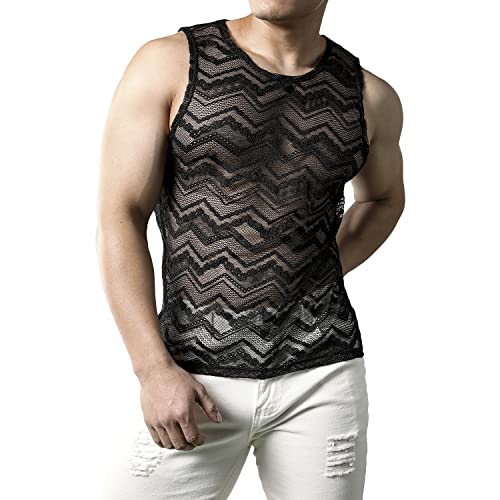 Jogal Mens See Through Lace Shirts Sleeveless Muscle Tops Blackwave Xx-Large #TOP3