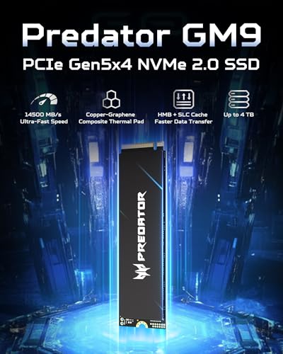 Image of Acer Predator GM9 M.2 Gen5 SSD 2TB, up to 14500 MB /s, NVMe 2.0 PCIe 5.0 Internal Solid State Drive for AI Workloads, Gaming & Content Creation, Compatible with DirectStorage, Laptop and Desktop PC