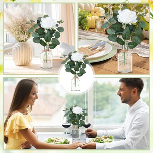 Acellegic 10 Set Vases Glass Centerpiece for Table 10 Small Clear Glass Vases 10 Artificial Roses 30 Leaves with Rope Flower Centerpieces for Wedding Arrangement Party Home Decoration(White) by Acellegic - Used condition - Image 5