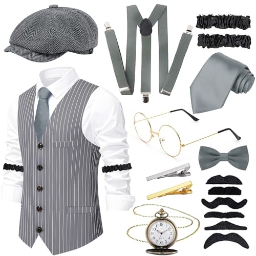 Ensemble de 10 pièces pour adulte/homme - Style rétro années 1920 - Gatsby Gangster - Avec gilet, casquette octogonale - Nœud papillon - Boutons de manchette - Lunettes - Moustache - Pince à cravate