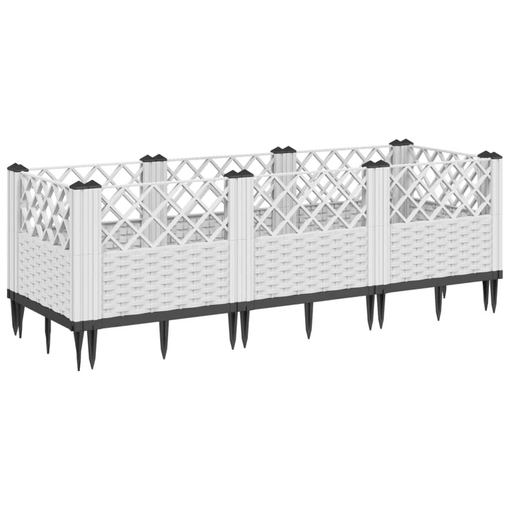 Jardinera con estacas, color blanco, 123,5 x 43,5 x 43,5 cm, bancal modular en aspecto de ratán, de plástico resistente, para jardín, terraza y balcón, 8 elementos