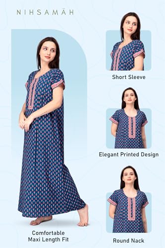 Image of NIHSAMAH Cotton Nighty for Women with Pocket, Premium Printed Long Nighty | Comfortable & Fancy Sleepwear /Nightwear