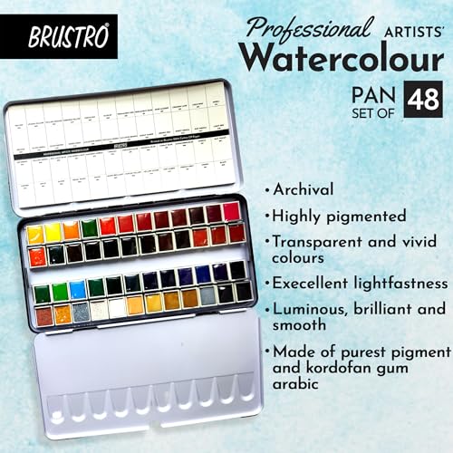 Image of BRUSTRO Artists Professional Watercolour Half Pan Set of 48 | Ideal for Landscape, Portrait, Paper, Painting Dry & Wet, Fine Art