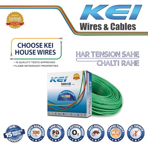 Image of KEI WIRES & CABLES Homecab 6 sqmm 1 Core Copper Flame Retardant House Wire PVC Insulated Cable for Domestic & Industrial Electrical Wiring (Green, 90 Meters)