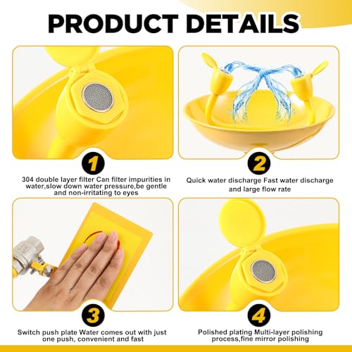 Image of Yaocom Eye Wash Station Stand up Emergency Pedestal Mounted Eyewash Station Adjustable Water Flow Hands Free Operation Stainless Steel Floor Mount Eyewash with Dual Spray Head and Pedal(Yellow)
