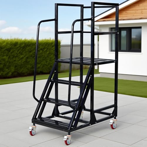 Image of 4 Step Rolling Ladder - Mobile Rolling Stairs with Wheels, Heavy Duty Industrial Safety Non-Slip Metal Rolling Ladders, 1100lbs Capacity, for Warehouse, Garage, Supermarket