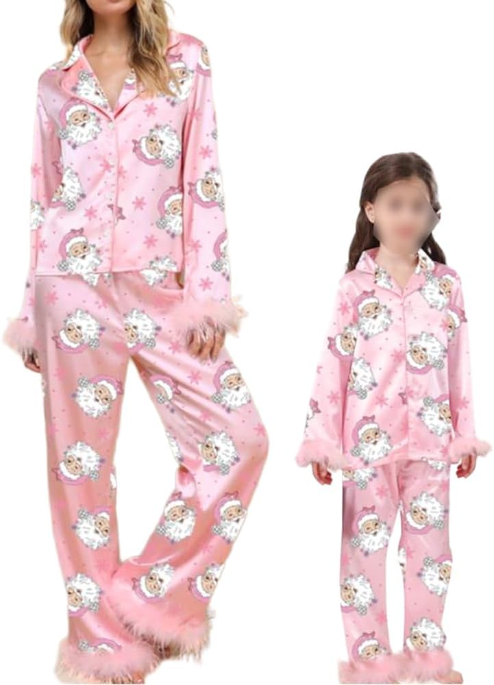 Meiweileya Daddy and Me Matching Christmas Outfits Satin Silk Fur Trim Family Mens Son Santa 2 Piece Pants Set 2025 Clothing