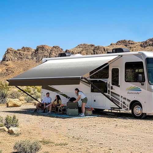 Image of Suncode RV Awning for RV,Camper&Travel Trailers-Manual RV Awning Complete Kit,Manual Camper Awning,RV Roll Out Awning- 10x8Ft - Black Frame &Black Fade