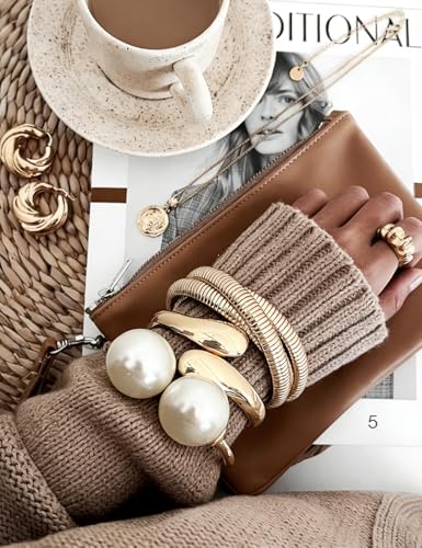 Image of Chunky Gold Bangle Bracelets for Women, Dainty 14k Gold Plated Big Stackable Bangles Set, Trendy Statement Cuff Bracelet Stack Fashion Jewelry Gifts