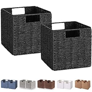 Vagusicc Wicker Basket, Set of 2 Woven Storage Baskets for Shelves, Foldable Cube Storage Basket Bins with Handles, 9 inch Small Storage Baskets for Organizing Pantry Bedroom, Black