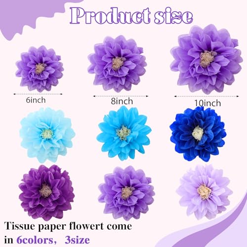 Image of Geyee 18 Pcs Mexican Paper Flowers Colorful Fiesta Tissue Paper Flowers Pom Poms Mexican Carnival for Floral Party Backdrop Wedding Birthday Party Craft, 6 inch 8 inch 10 inch(Blue Purple Series)