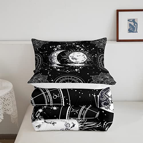 Sun And Moon Bedding Set Constellation Galaxy Comforter For Kids Boys Girls Teens Psychedelic Boho Mandala Comforter Breathable Celestial Duvet Set Black White Room Decor Quilt Cover Twin Size #TOP4