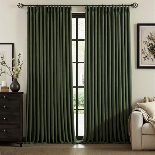 IVAPUPU Olive Green Linen Pinch Pleated Blackout Curtains 108 Inches Long