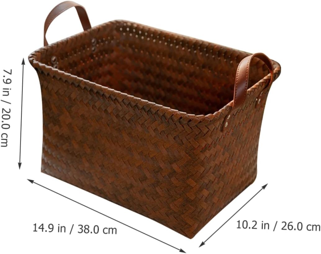 Ciieeo Imitation Rattan Laundry Basket with Leather Handles Medium Storage Container for Snacks Clothes Smooth Surface Home Organizer for Bathroom Nursery Bedroom Living Room Use