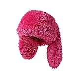 Furry Beanie Bunny Ears Hat Fluffy Warm Hat Plush Slouchy Beanies for Indoor and Outdoor (Rose Red)