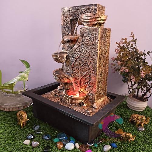 Image of Decorative Water Fountain for Home Decor, Office, Indoor & Outdoor, Garden, Puja Room, Vaastu, Reception, Spa, Gifting. (Golden Leaf Diya)