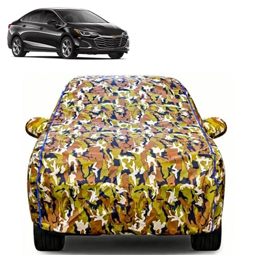 Image of Waterproof Car Body Cover for Chevrolet Cruze with Mirror Pocket| Cotton Inner Lining | Triple Stitched | All Weather Protection | Dust, UV & Rain Proof (Camouflage with Blue Piping)
