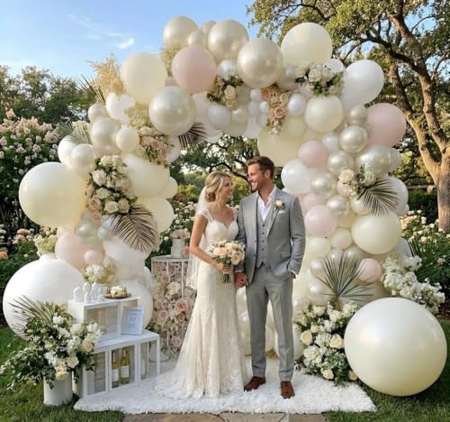 Image of White Balloon Arch Kit Double Stuffed Ivory Beige Balloons Blush Cream White Pearl Balloon Garland for Baby Shower Birthday Bridal Shower Wedding Bachelorette Anniversary Party Decor