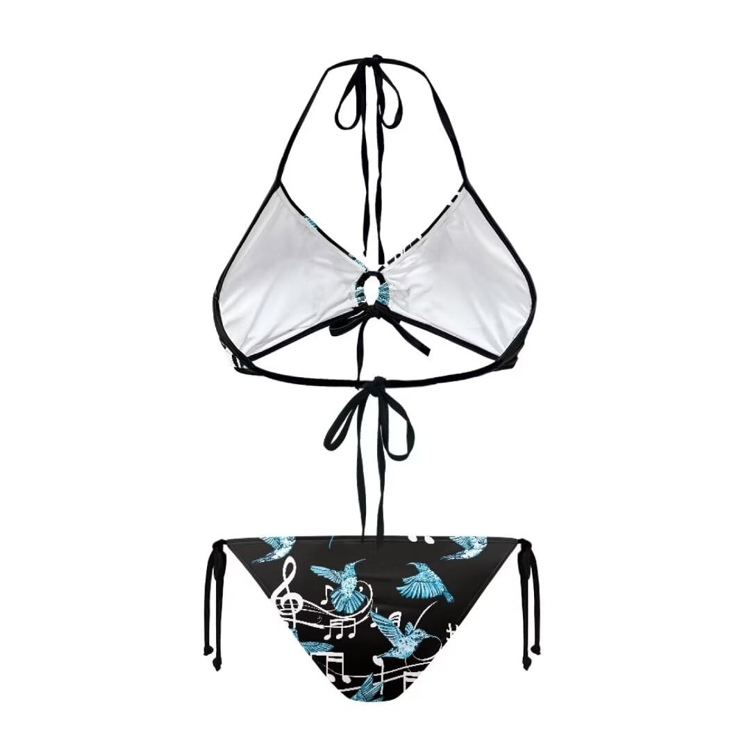 Youngerbaby Blue Hummingbirds Print Women's Triangle Bikini Set, Music Notes Two Piece Swimsuit Tie Side Triangle Bikini Bathing Suit