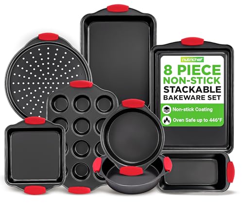 Comparison: Best Commercial Oven For Baking Cakes 9 NutriChef Non-Stick Kitchen Oven Baking Pans-Deluxe & Stylish Nonstick Gray Coating Inside Outside, Commercial Grade Restaurant Quality Metal Bakeware with Red Silicone Handles NCSBS8S, 8 Piece Set