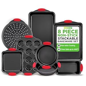 NutriChef 8-Piece Non-Stick Baking Tray Set, Stackable Oven-Safe Bakeware, Cookie Sheet, Loaf, Pizza, Muffin, Cake, Round & Square Pans, Non-Stick Trays with Red Silicone Handles
