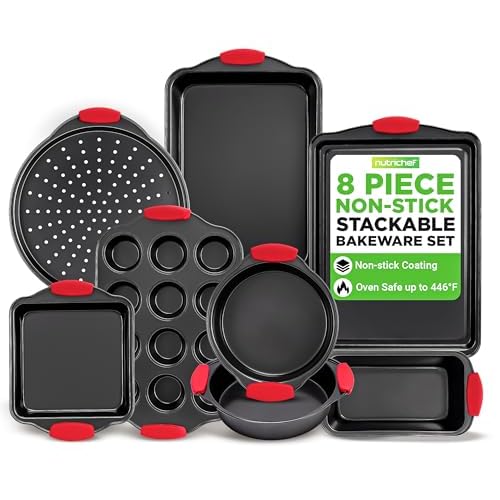 NutriChef Non-Stick Kitchen Oven Baking Pans-Deluxe & Stylish Nonstick Gray Coating Inside Outside, Commercial Grade Restaurant Quality Metal Bakeware with Red Silicone Handles NCSBS8S, 8 Piece Set