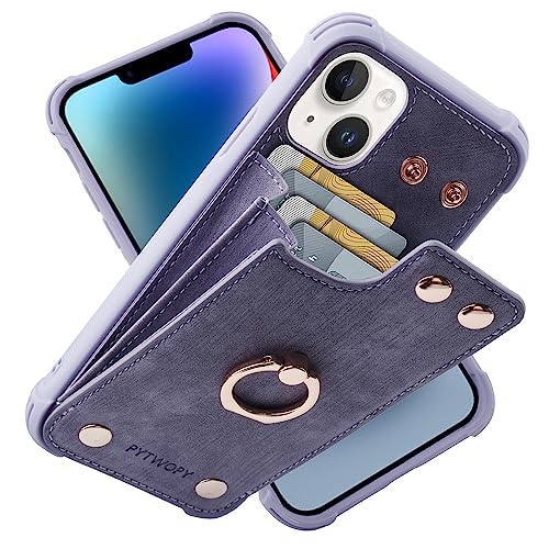 PYTWOPY Compatible for iPhone 14/13 Wallet Case with Credit Card Holder,Shockproof Protective Phone Cover Supports 360°Rotation Ring Stand and RFID Blocking for Appe iPhone 14 6.1 inch,Lavenders