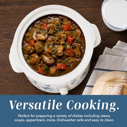 Image of COOK WITH COLOR 2QT Mini Electric Round Slow Cooker - Adjustable Settings, Removable Stoneware Pot, Tempered Glass Lid, Dishwasher Safe, Cool-Touch Side Handles, Floral Blue
