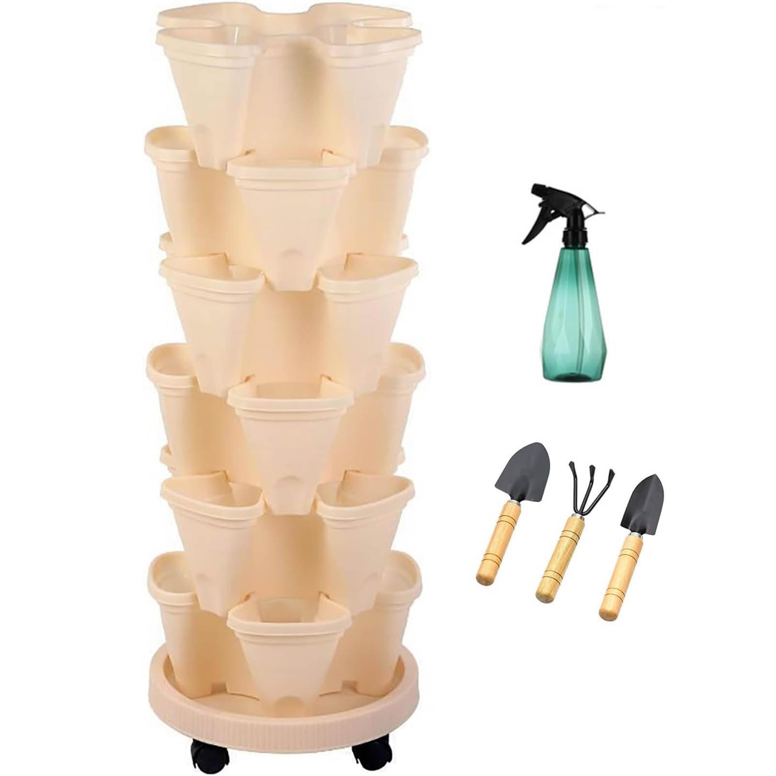 Jardinière de fraises empilable beige en tour verticale pour herbes aromatiques de balcon