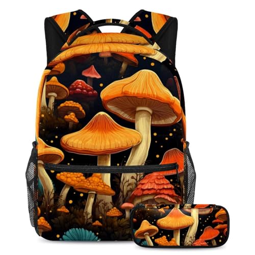 Sac à dos champignons oranges et trousse pour ranger toutes les affaires d'ados