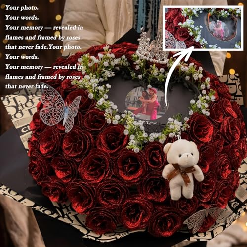 Burn Away Glitter Roses Bouquet,Burn Heart with Message Photo, DIY Fake Glitter Flowers Bouquet, Everlasting Shiny Artificial Red Rose Bouquet, Anniversary, Engagement, Wedding - Image 4