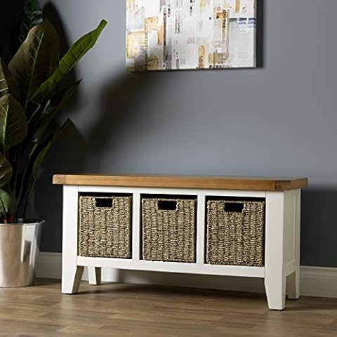 Furniture Octopus Hartwell White Painted Large Hall Bench with Storage Baskets Cover