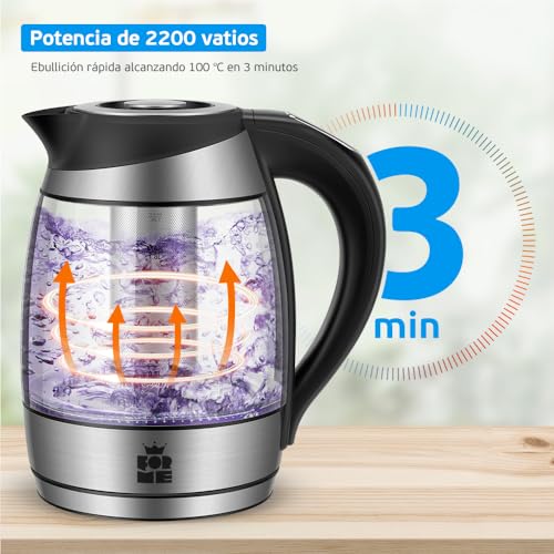 Miniatura 7 de For Me Hervidor Eléctrico De Vidrio Agua Con Filtro De Té 1,8l, Control De Temperatura, Temperatura Ajustable De 40 C A 100 C, Iluminación Led De 7 Colores, Función De Mantener Caliente, Libre De Bpa