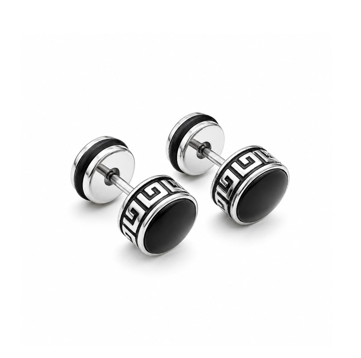 zivya Pack of 2 Men Silver Round Black Ear Earrings & Studs, Trendy Black Center Design, Durable Finish for Boys & Men-picture-11