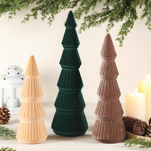 Image of Bucherry 3 PCS Christmas Velvet Tree Decoration - Modern Cone Christmas Tabletop Home Rustic Minimalist Centerpiece for Winter Holiday Mantel Entryway Tree Figurines (Green and Khaki)