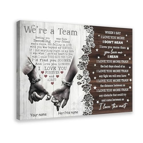 Custom We're A Team Couple Poster - Interlocking Hands Love Quote Canvas Wall Art, Personalized Names Anniversary Birthday Gift for Him Her Husband Wife, Romantic Bedroom Living Room Decor