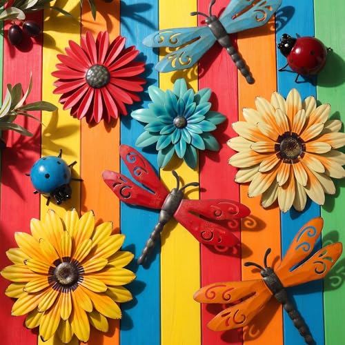Therwen 9 Pcs Metal Wall Art Decor for Outside 3D Metal Sunflower Backyard Decorations Hanging Outdoor Wall Art Multicolored Flowers for Garden Fence Patio Yard Outdoor Porch