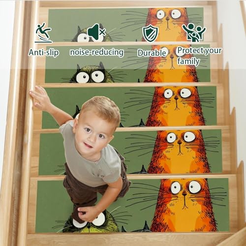 Marches d'escalier sécurisées tapis antidérapants verts motif chat - 4