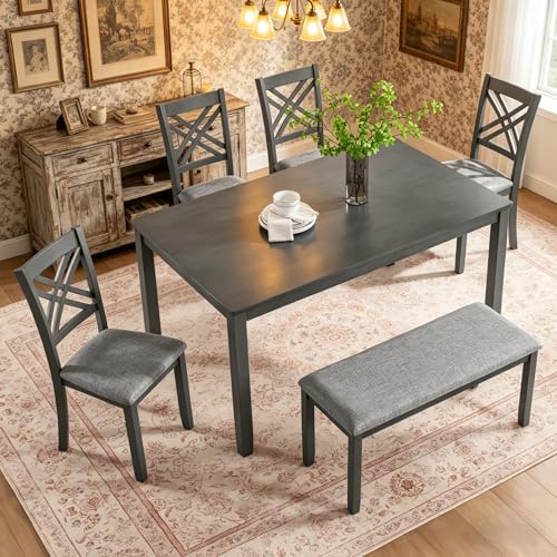 Image of LUMISOL 6-Piece Solid Wood Dining Table Set, Wood Kitchen Table with 4 Chairs and Bench, Farmhouse Dining Table with Bench and Chairs Set for Kitchen, Living Room, Grey