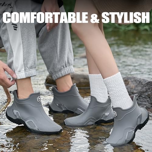 Image of Men's Ankle Rain Boots - Slip On Waterproof Garden Shoes - Comfortable Lightweight black&grey Rubber Fishing shoes