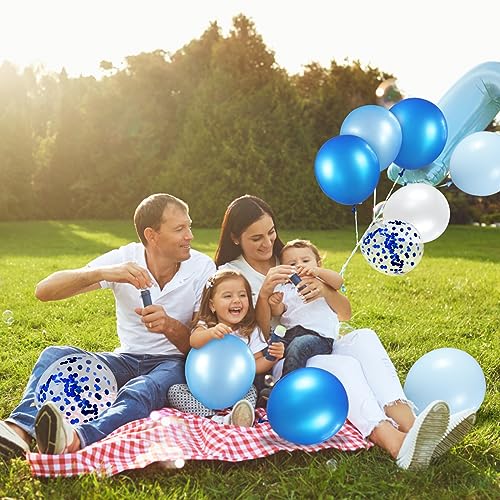 Image of 68Pcs Blue and White Balloons Kit 12 Inch, Blue Confetti Balloons Light Blue Baby Blue Pearl White Party Balloons with Ribbons for Birthday, Wedding, Baby Shower, Graduation Decorations