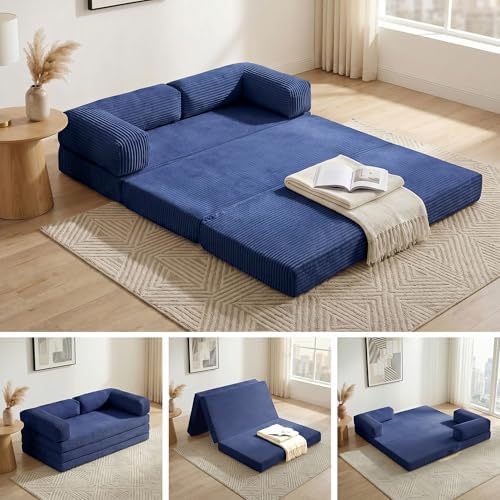 Convertible Sofa Bed Queen,5-in-1 Boneless Couch with Removable Armrests &amp; Handle,Corduroy Futon Sleeper Sofa,Floor Folding Mattress Pull Out Bed for Small Space Apartment Living Room Bedroom,Blue