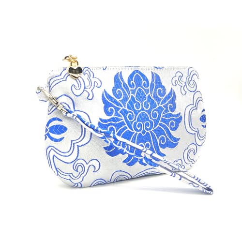 Image of Exquisite Handmade Silk Zipper Jewelry Pouch with Wristlet Strap | Women's Coin Purse Brocade Wallet for Makeup and Gifts, White
