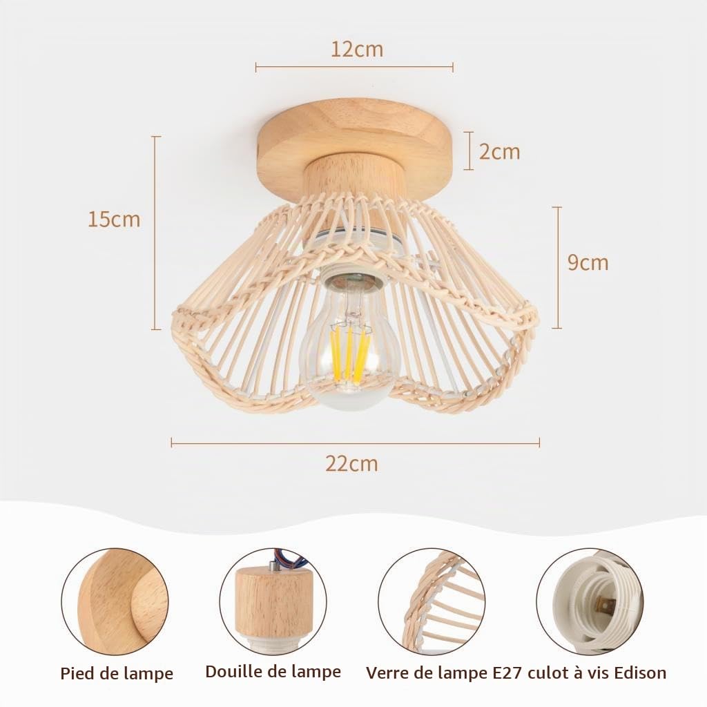 Lot de 2 Plafonniers en Bambou Tressée Lampe de Plafond Vintage E27 Éclairage Luminaire en Rotin Bois Lustre Suspension Déco pour Salon Chambre Couloir Cuisine