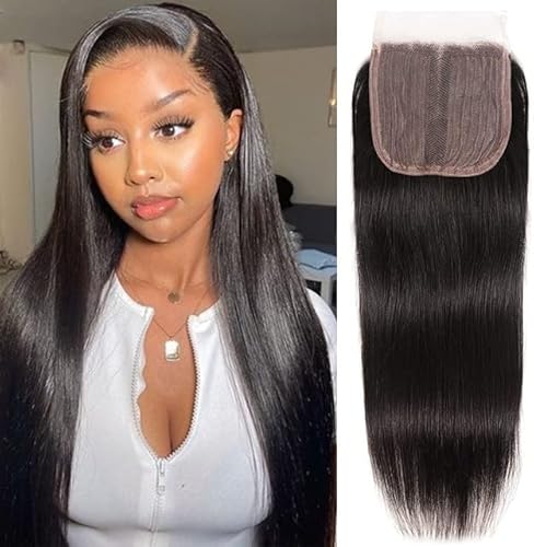 12A Brazilian Straight Lace Closure 4X4 Machine Made Closure Unprocessed Natural Black Brazilian Virgin Human Hair（8Inch Middle Part）