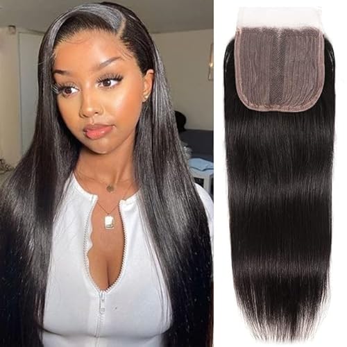 12A Brazilian Straight Lace Closure 4X4 Machine Made Closure Unprocessed Natural Black Brazilian Virgin Human Hair（8Inch Middle Part） #TOP1