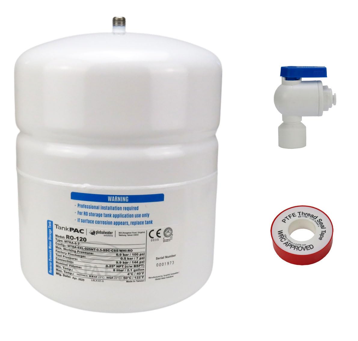 Wassertank Osmose aus Stahl 2,1 Gallonen ca. 8 Ltr. brutto - RO-120 Vorratsbehälter TankPAC + Tankhahn + Teflonband
