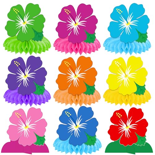 Image of Hawaiian Hibiscus Flowers Honeycomb Centerpieces 11PCS Luau Party Table Decoration Tropical Aloha Table Centerpieces Hawaii Party Decor for Tables Summer Holiday Party Supplies