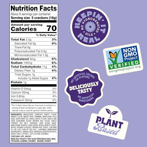 Image of Back to Nature - Stoneground Wheat Crackers - Garlic & Herb - Real Ingredients like Whole Grain Wheat, Flax Seed and Sea Salt - Dairy Free & Non-GMO - 5 ounce (Pack of 6)