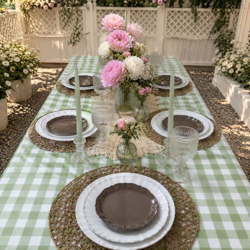Image of Blue Orchards Sage Green Gingham Table Cover (Pack of 3 with 20 Glue dots) - 54 inchx108 inch XL - Sage Green and White Checkered Picnic Tablecloth, Baby Shower Decoration, Outdoor Birthday Party Supplies